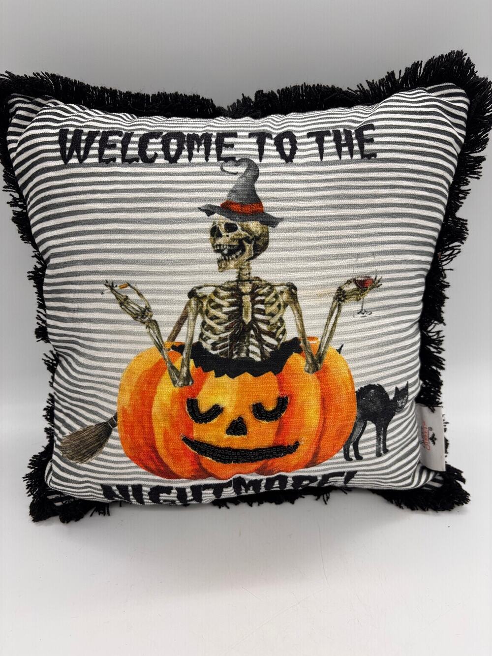 Sweet Street Halloween skeleton jack-o-lantern black cat beaded throw pillow